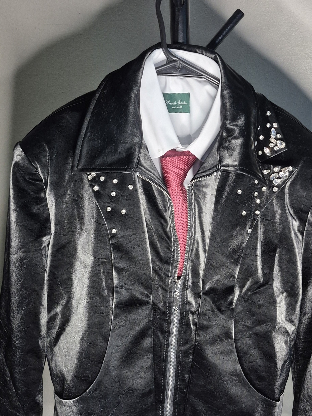Black Studded Leather-Style Jacket with Pink Tie
